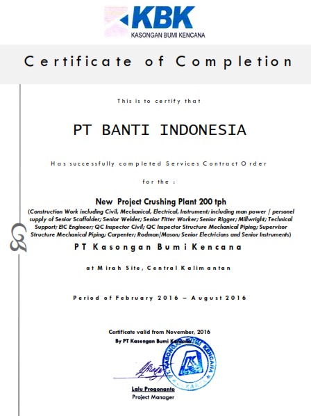 Certificate of Completion New Project Crushing Plant 200 tph