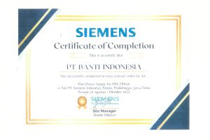 Certificate of Completion Man Power Supply HSE Officer at Site PT Siemens Indonesia, Paiton, Probolinggo, Jawa Timur
