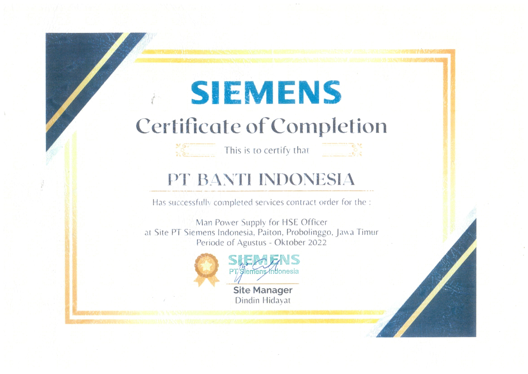 Certificate of Completion Man Power Supply HSE Officer at Site PT Siemens Indonesia, Paiton, Probolinggo, Jawa Timur