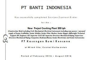 Certificate of Completion New Project Crushing Plant 200 tph