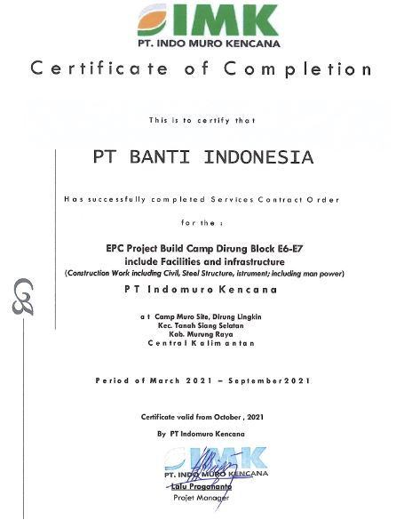 Certificate of Completion Build Camp Dirung Blok E6-E7