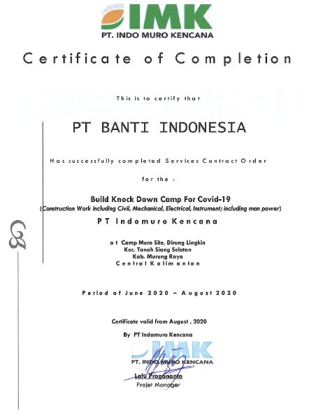 Certificate of Completion Build Knock Down Camp For Covid 19